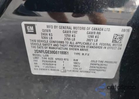 2016 Chevrolet Equinox Ltz z USA, uszkodzony, nr VIN 2GNFLGE38G6118061